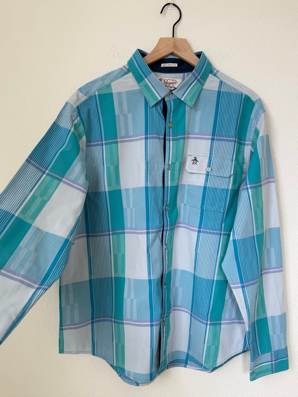 Original Penguin Teal & Light Blue Plaid Botton-Up Shirt XXL - Picture 2 of 11